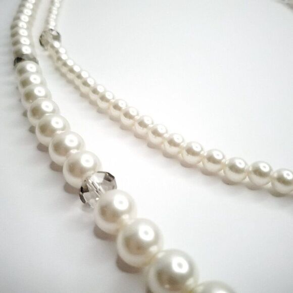 Multi Double Strand White Faux Pearl Necklace w/ Clear Faceted Glass Beads Long - Picture 3 of 4